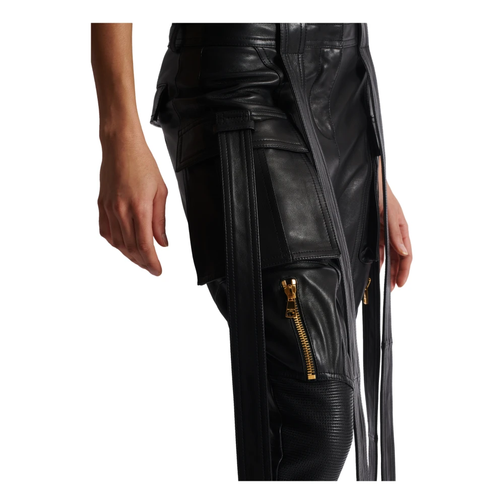 Balmain Leren cargobroek met banden Black Dames