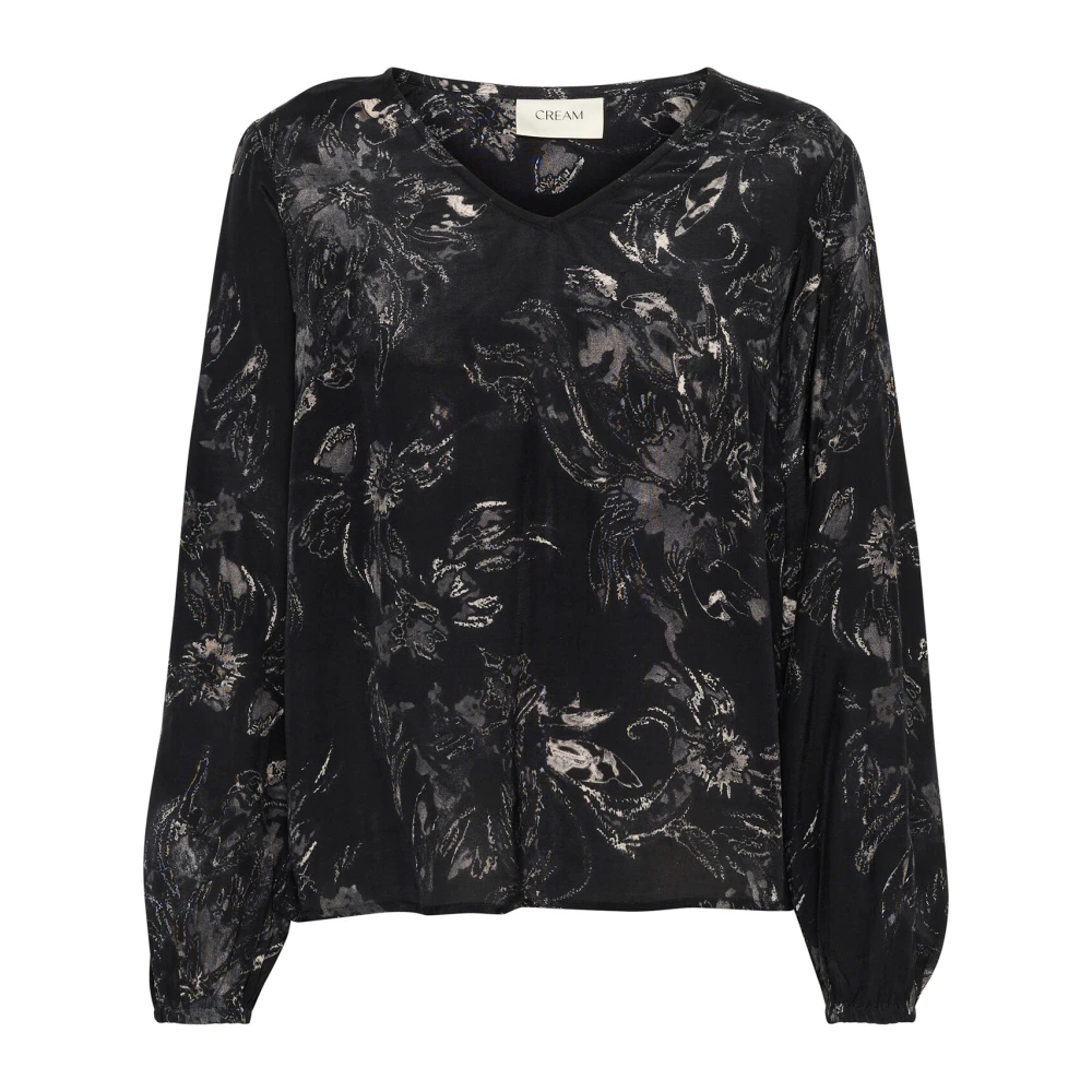 Cream Abstracte Bloem V-Hals Blouse Black Dames