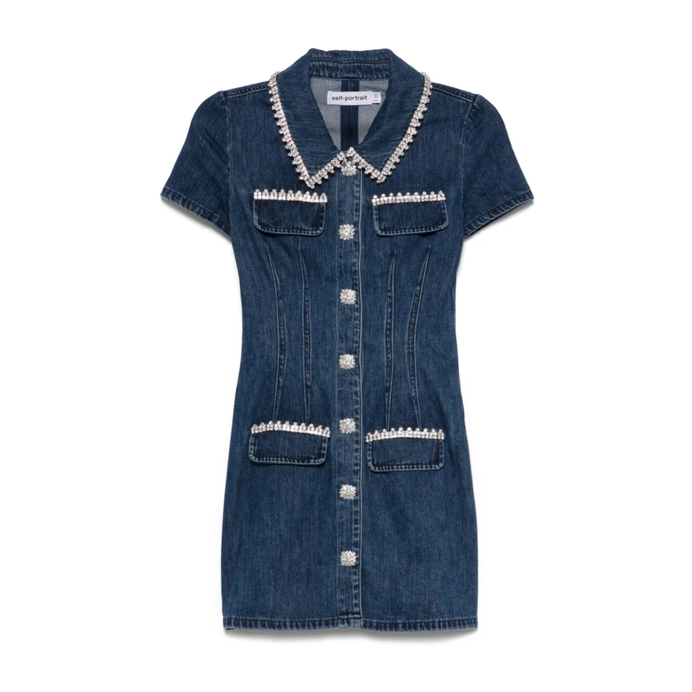 Self Portrait Denim Jurk met Kristal Knopen Blue Dames