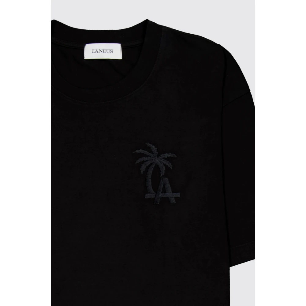 Laneus Palm Geborduurd Katoenen T-Shirt Black Heren