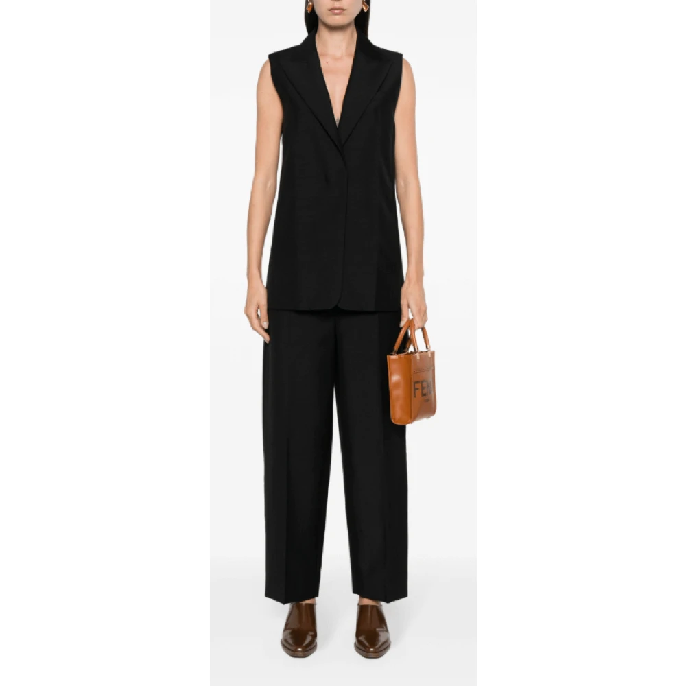 Fendi Zwart Wollen Blend Vest met Peak Revers Black Dames