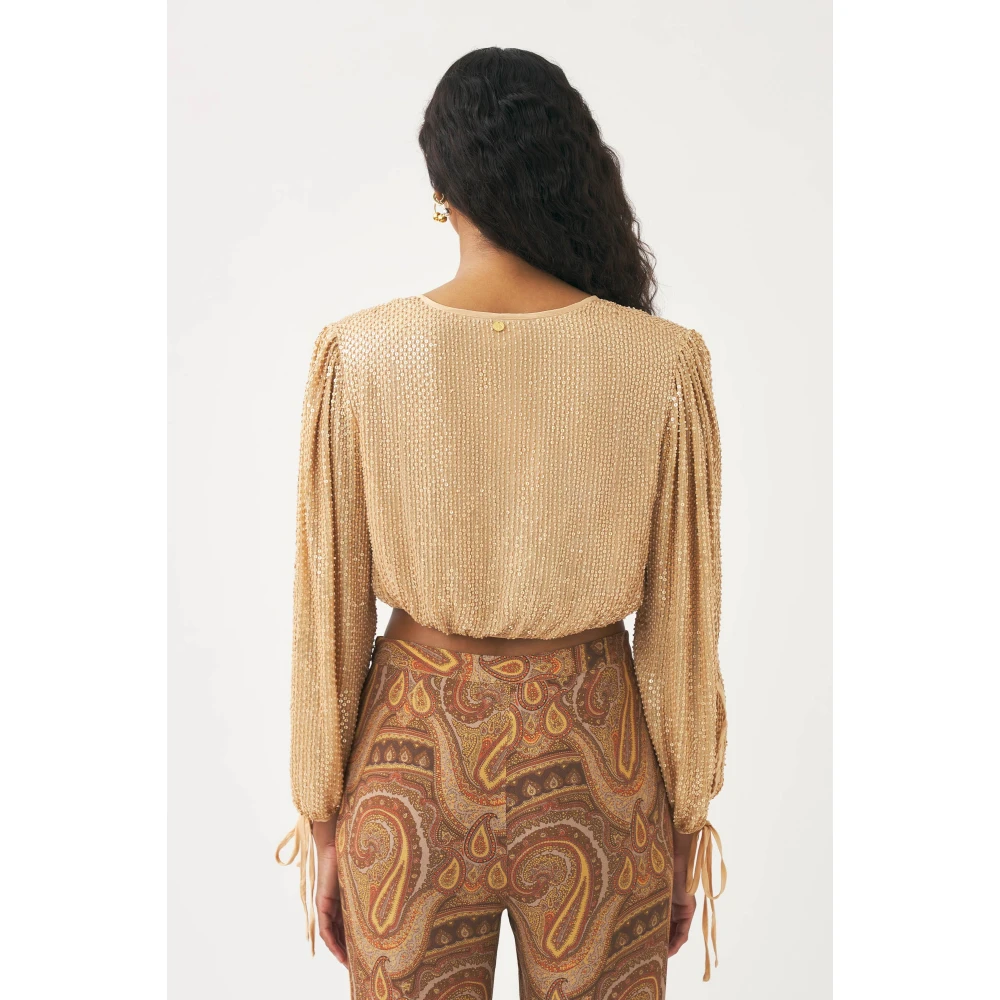Antik batik Crop top met de hand geborduurd met parels Dune Beige Dames