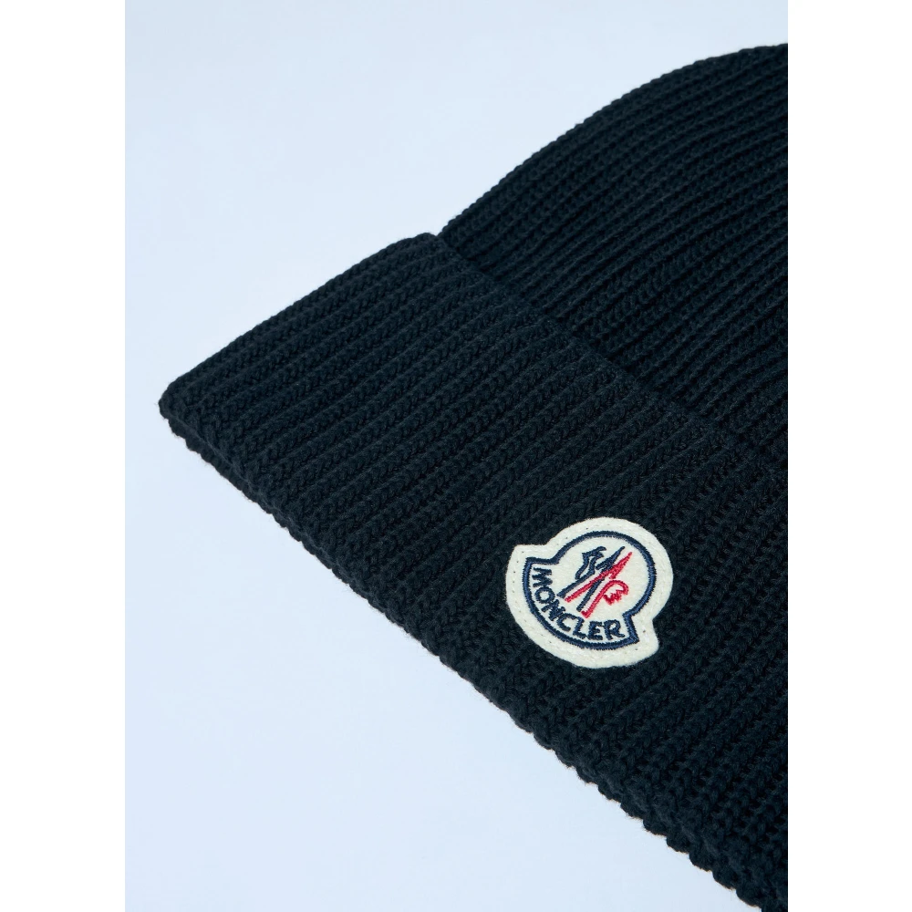 Moncler Logo Patch Beanie Hat van katoenbreisel Black Heren