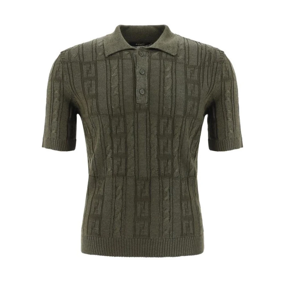 Fendi Men's Green Polo Shirts, M, Braided Knit Polo Jumper