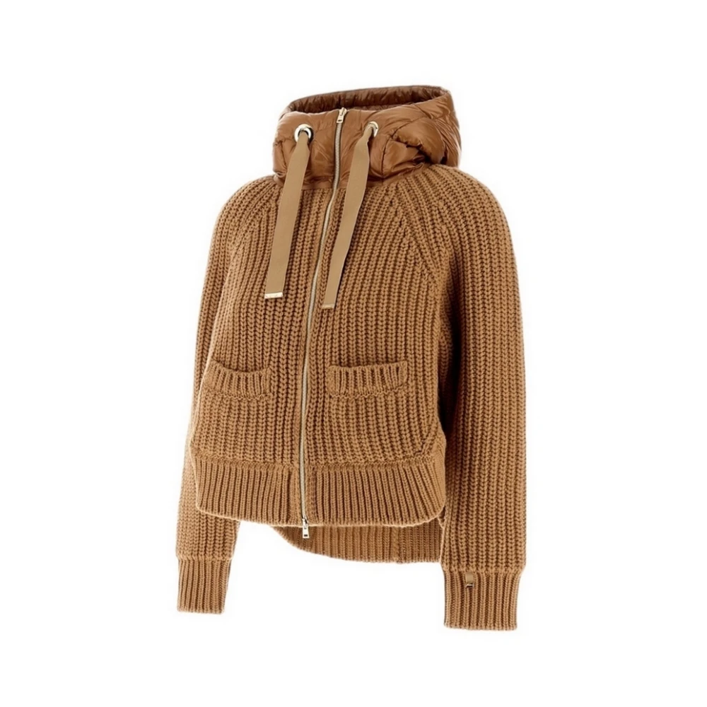 Herno Kameel Ribgebreide wollen jas met verendetails Brown Dames