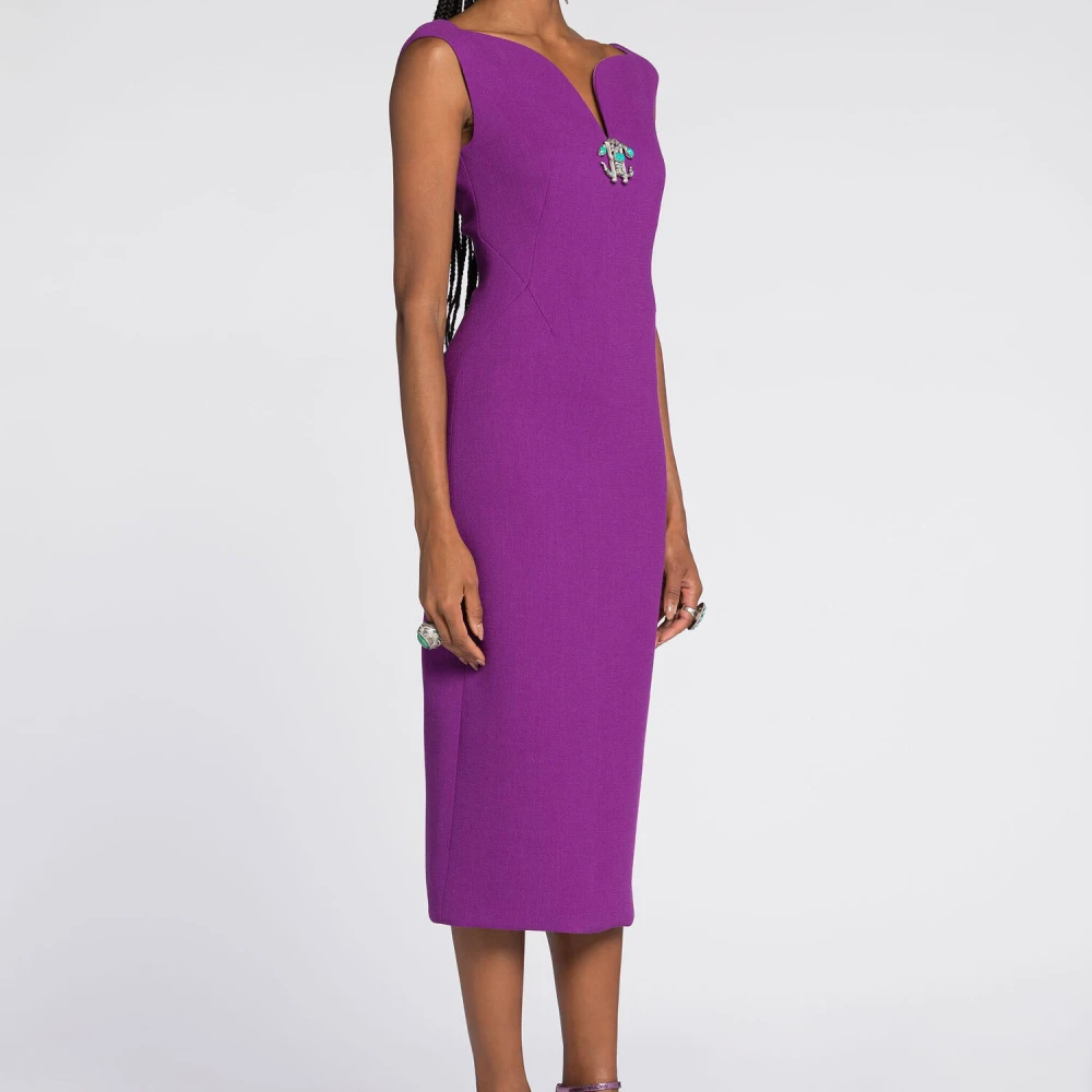 Roberto Cavalli Slang Wol Jurk met V-Rug Purple Dames