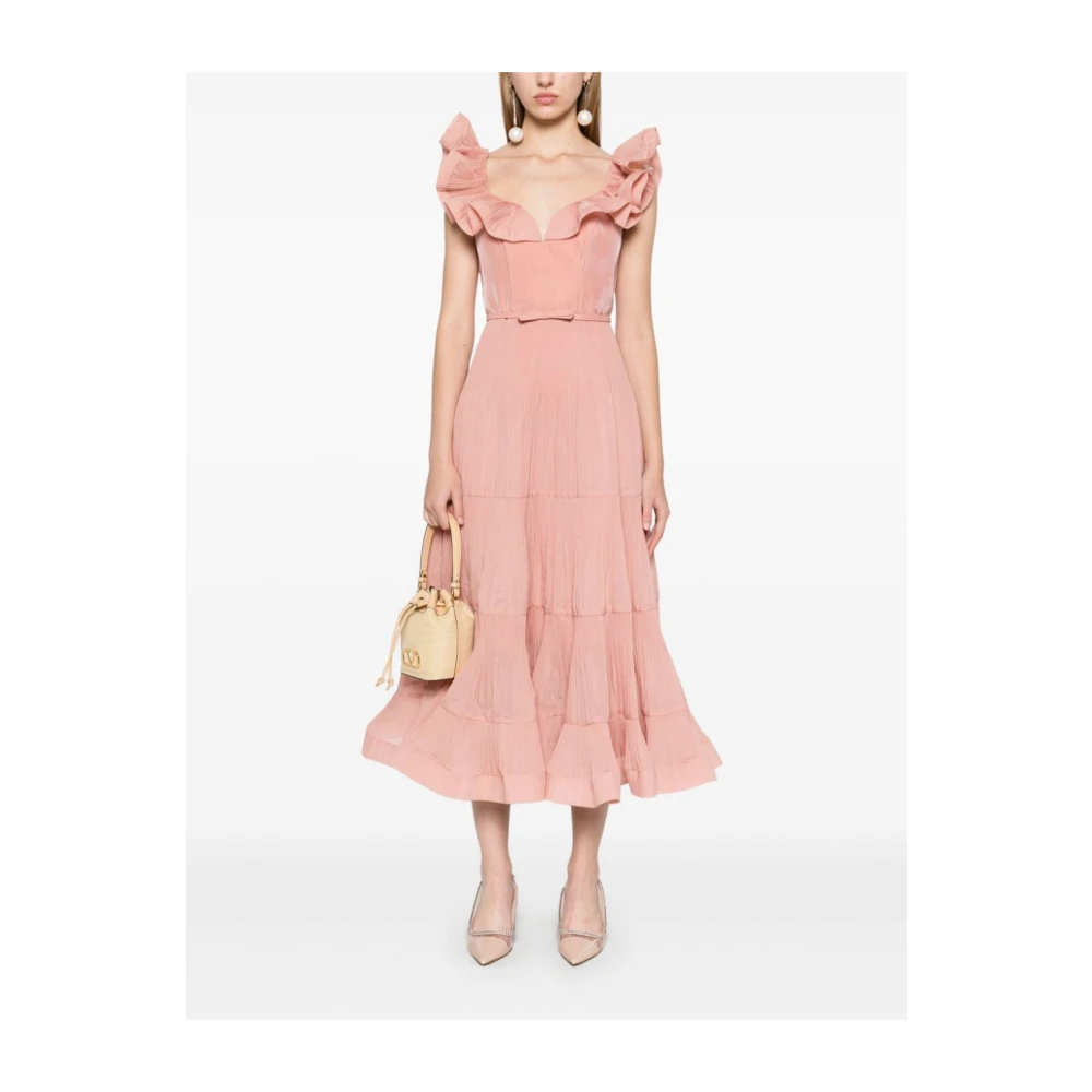 Zimmermann Koraalroze Midi Jurk met Ruche Pink Dames