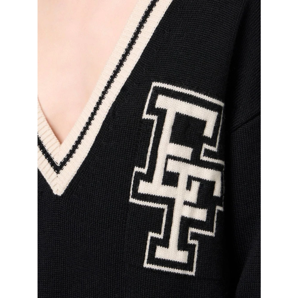 Elisabetta Franchi Jacquard V-Hals Wol Minijurk Black Dames