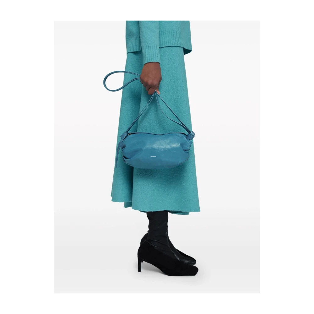 Jil Sander Turquoise leren schoudertas met reliëf logo Blue Dames