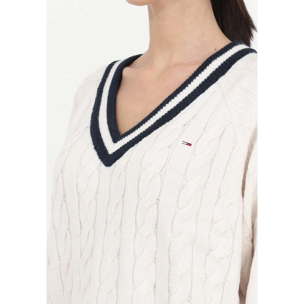 Tommy Jeans Witte katoenen V-hals trui met kabelbreisel voor dames White Dames