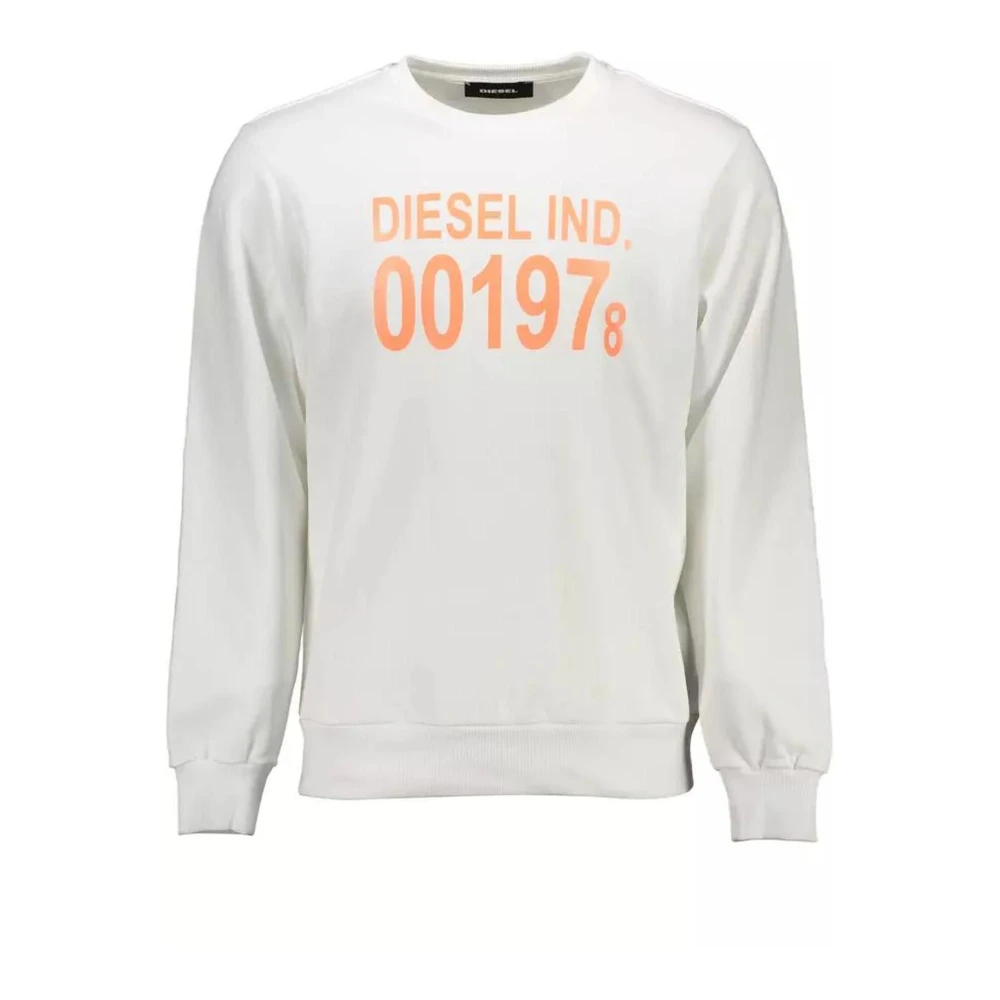 Diesel Men's White Sweatshirts,, Cotton Logo Print Jumper Medium