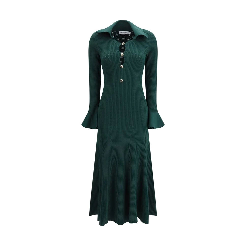 Self Portrait , Knitted Dresses, Female, Green, Xs, Keyhole Knit Midi Dress