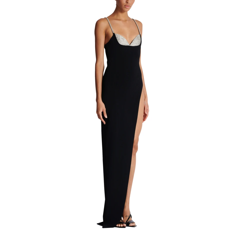 Balmain Lange Geborduurde Gebreide Jurk met Beensplit Black Dames