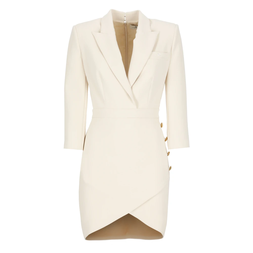 Elisabetta Franchi Ivory Peak Lapel Jurk met Gouden Knopen Beige Dames