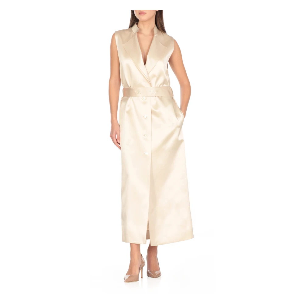 Philosophy di Lorenzo Serafini Ivoor Satijnen Jurk met Reverskraag Beige Dames