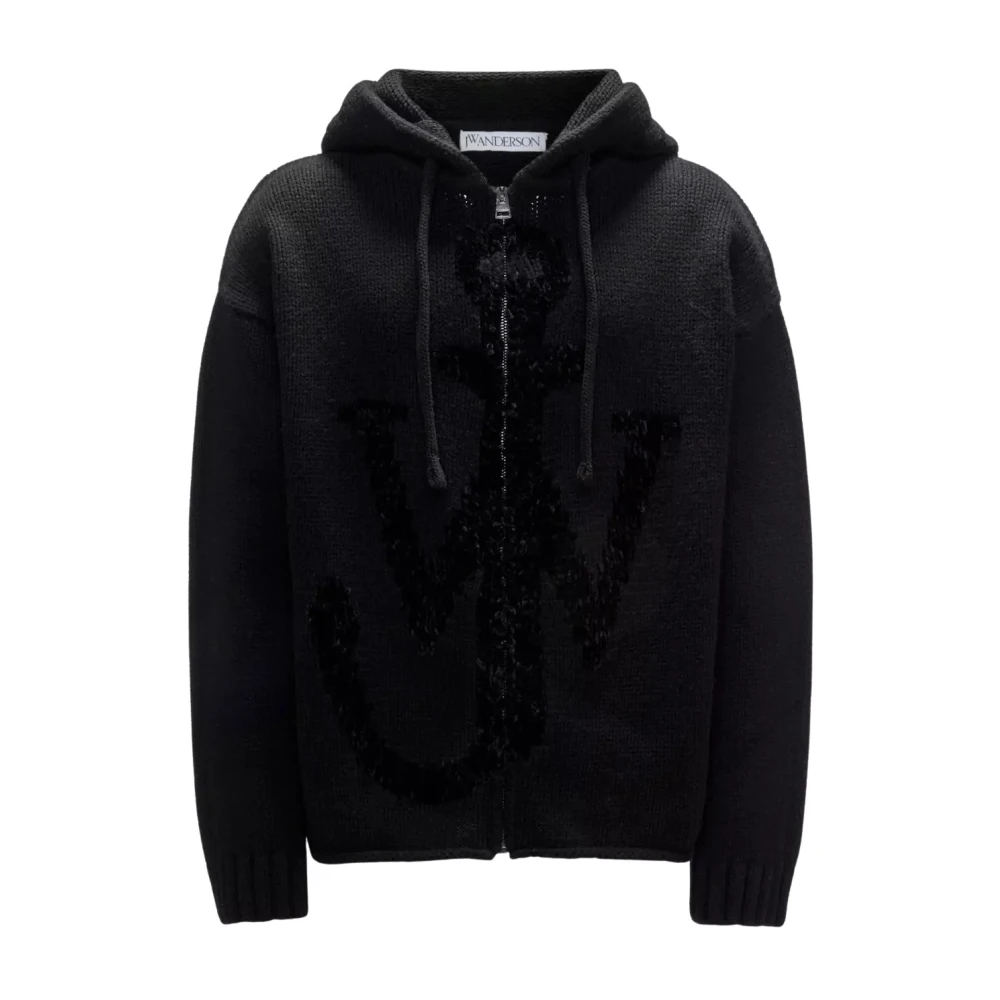 JW Anderson Zwarte Hoodie Cardigan van Wol Black Heren