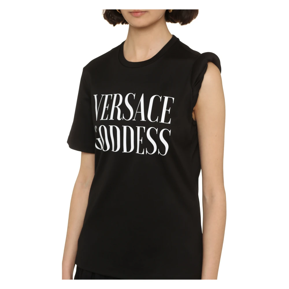Versace Goddess Front Print Katoenen T-shirt Black Dames