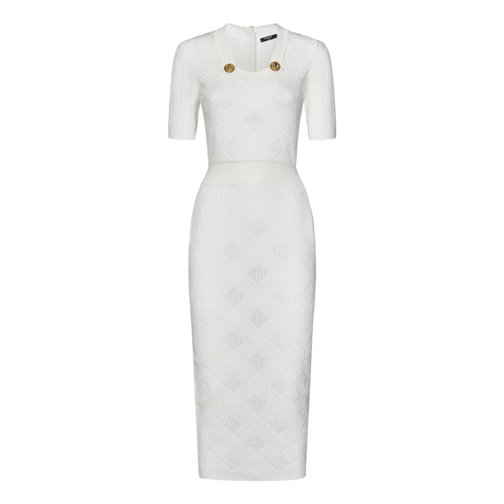 Balmain Witte Lange Jurk met Gouden Knopen White Dames