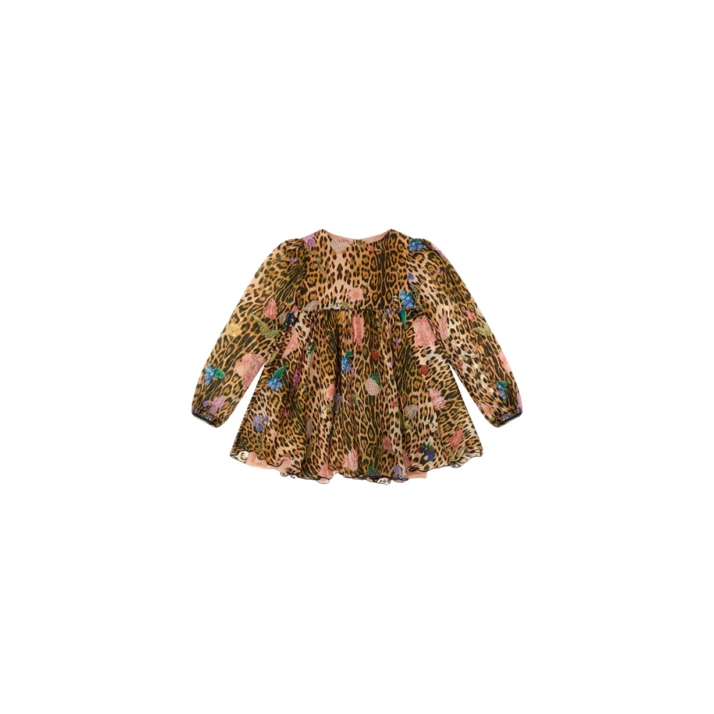 Roberto Cavalli Multicolor Dresses, Female, 2 Y, Leopard Print Dress With Flower Design