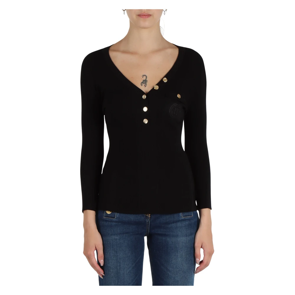 Elisabetta Franchi Geribbelde Zijdeblend V-Hals Trui Black Dames