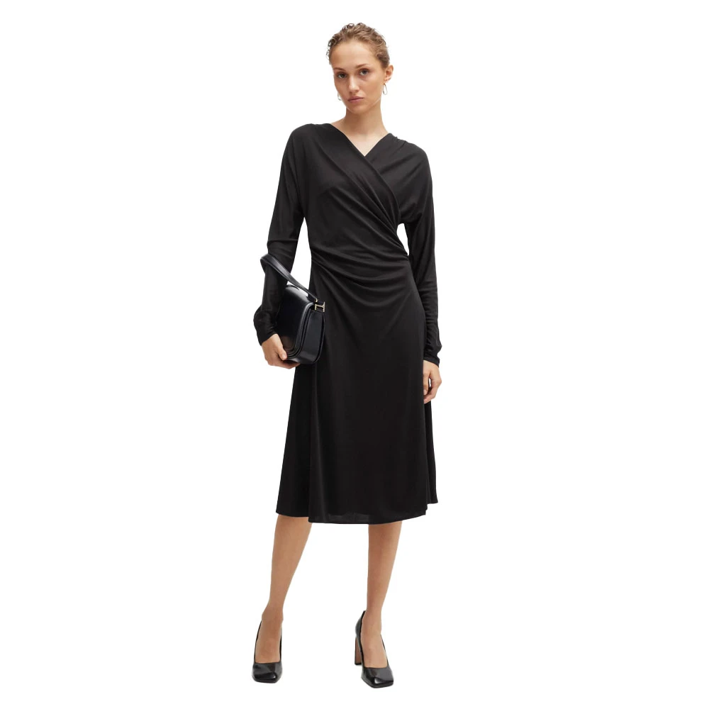 Hugo Boss Elegante Jersey Jurk met Gerimpelde Schouders Black Dames