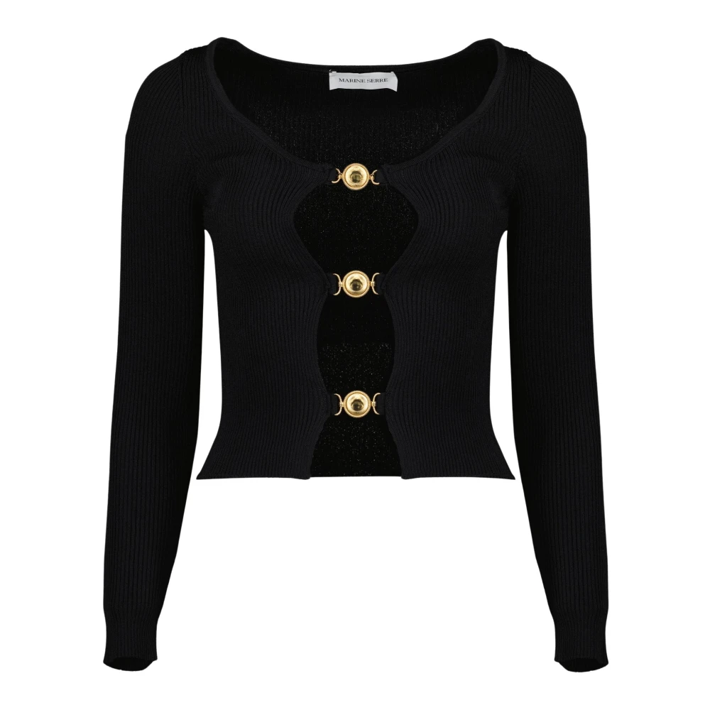 Marine Serre Black Round-Neck Knitwear, Female, Xs, Cardigan À Découpes