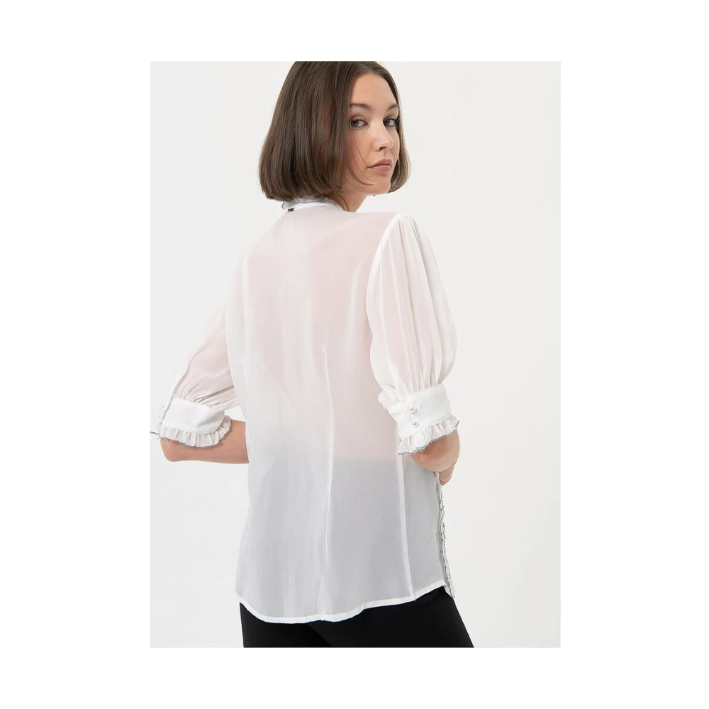 Fracomina Georgette Mandarin Kraag Blouse met Ruches White Dames