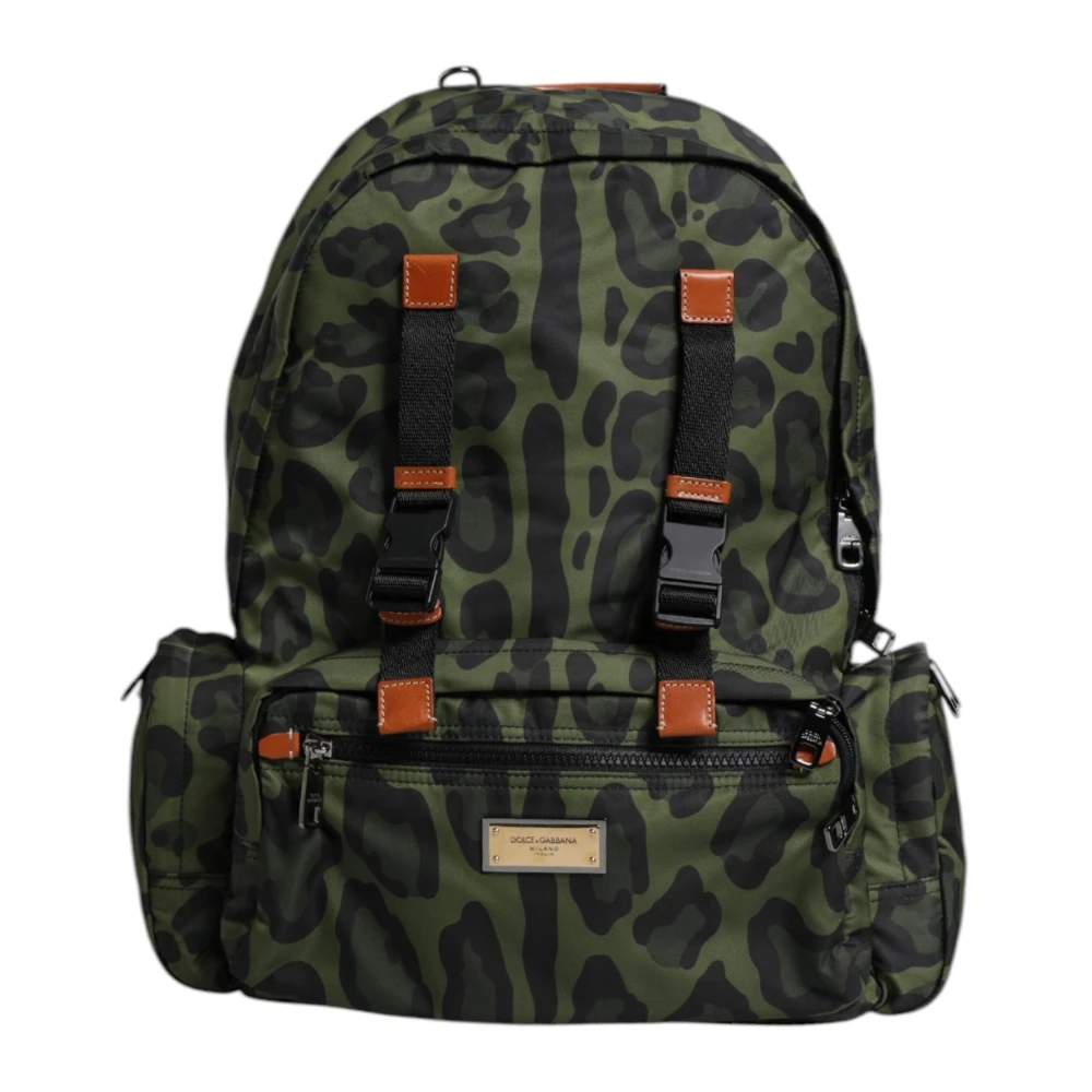 Dolce & Gabbana Men's Green Leopard Print Nylon Travel Backpack