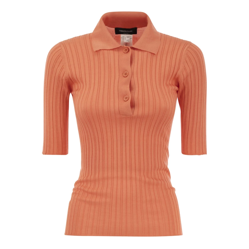 Fabiana Filippi Polo Shirt van Zijde en Katoen met Gestreept Vakmanschap Orange Dames