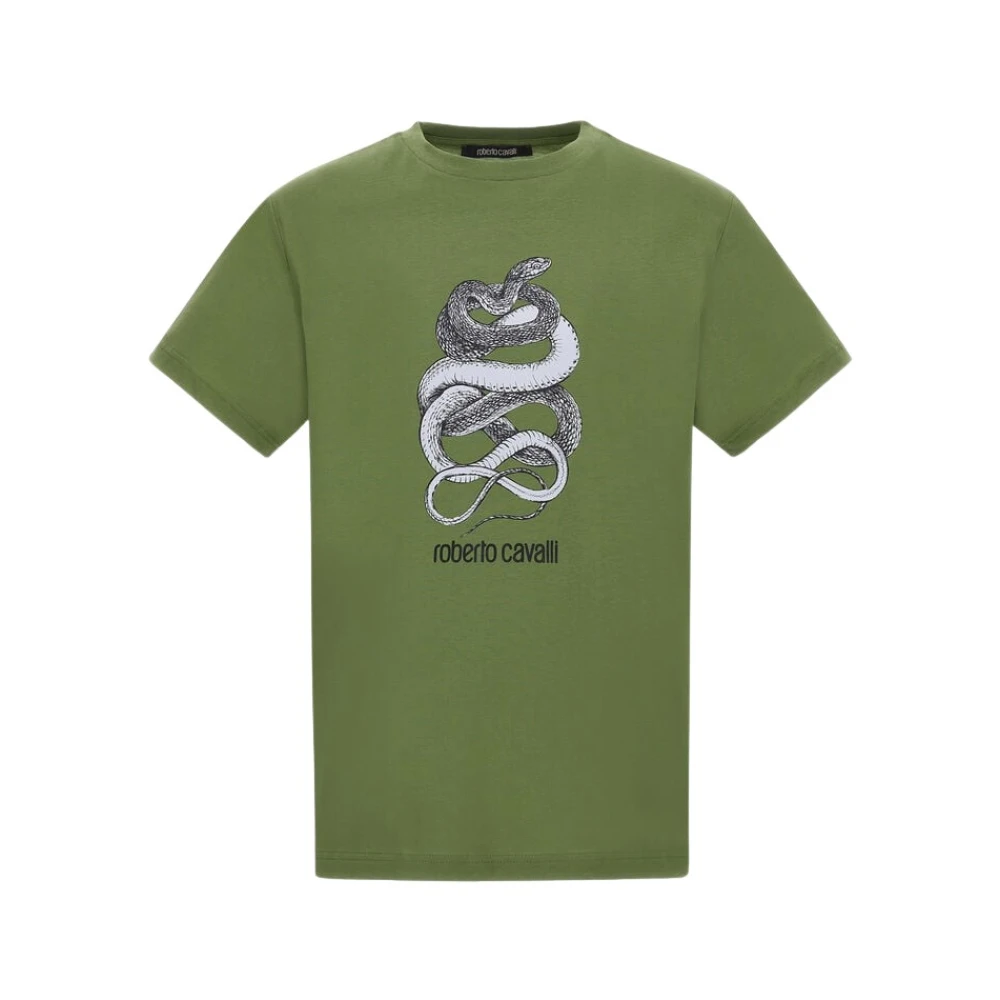 Roberto Cavalli T-shirt met slangenprint Green Heren