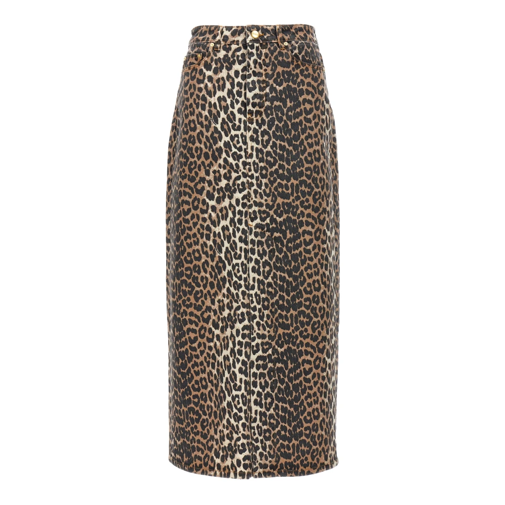 Ganni Women's Leopard Denim Maxi Slit Skirt
