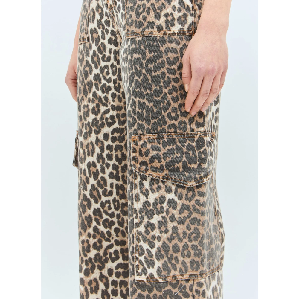 Ganni Leopard Print Cargo Jeans Brown Dames