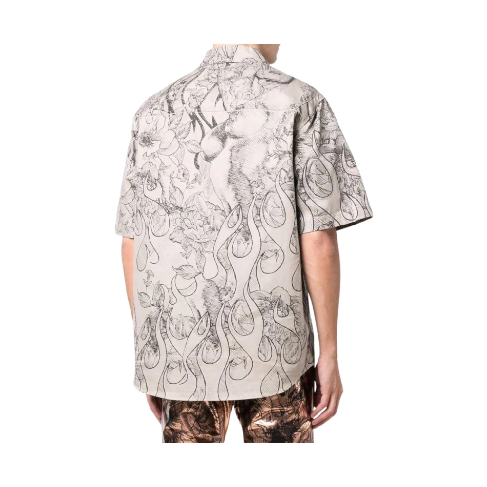 Dsquared2 Katoenen overhemd met korte mouwen en zwarte bloemenprint Beige Heren