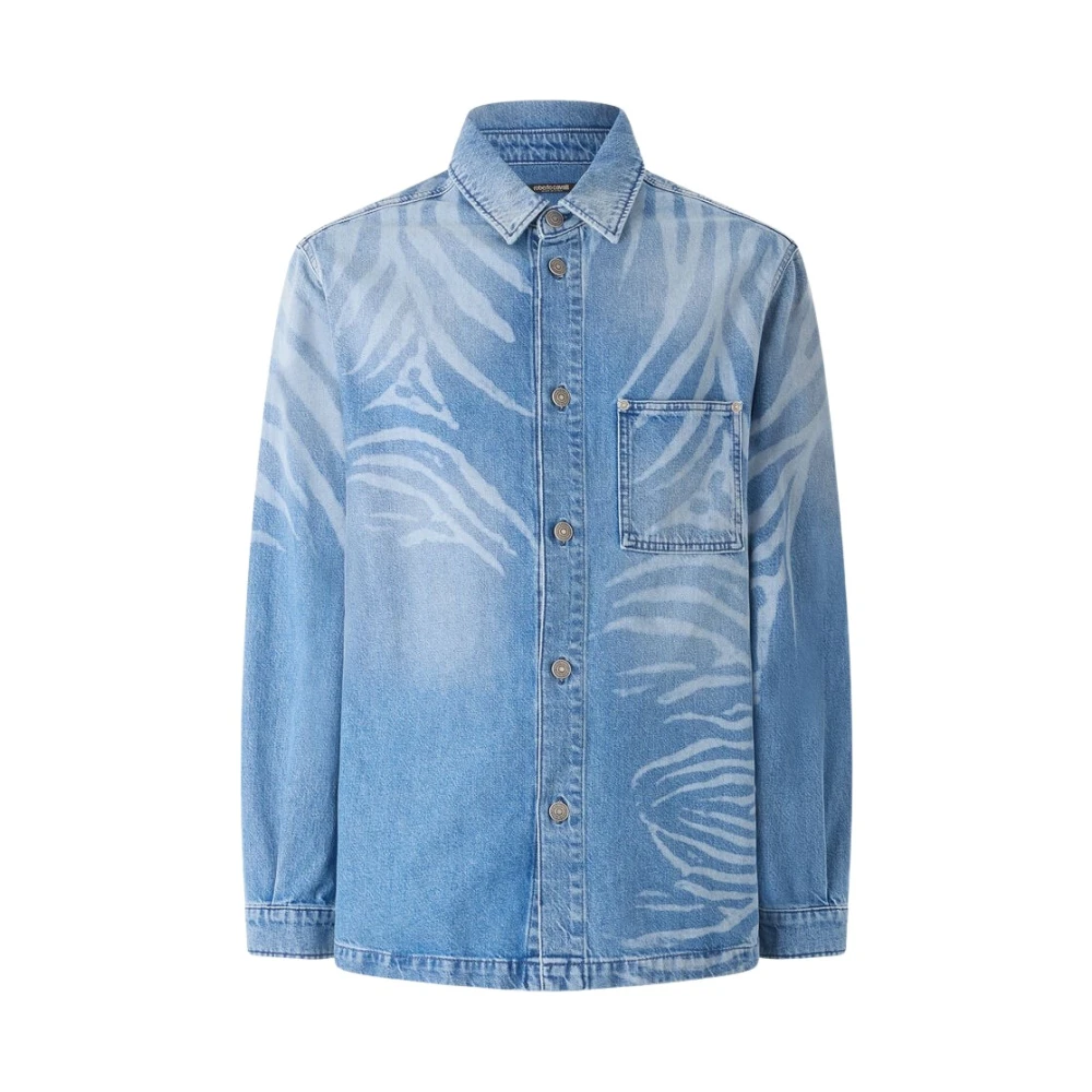Roberto Cavalli , Denim Shirts, Male, Blue, S, Tiger Skin Print Denim Shirt