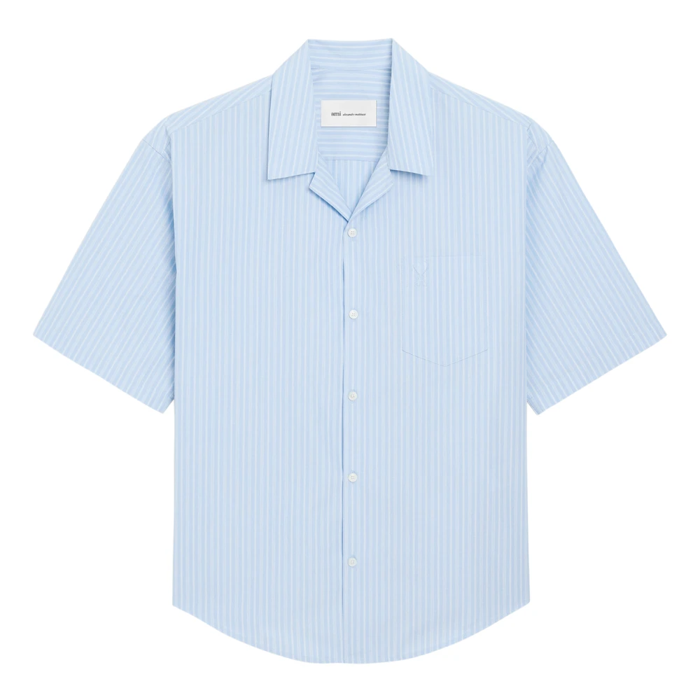 Ami Paris Men's Blue Short Sleeve Shirts, L, Short Sleeve Boxy Shirt With Camp Collar And Ami De Coeur Embroidery