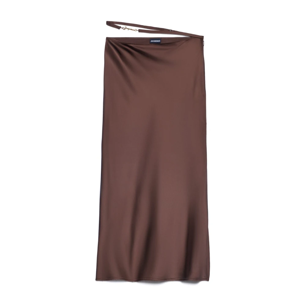 Jacquemus Guld Logo Satin Midi Kjol Brown, Dam