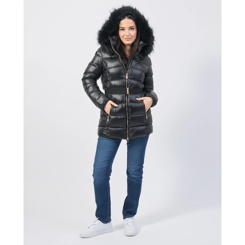 YES ZEE Zwarte Gewatteerde Jas met Bont Capuchon Black Dames