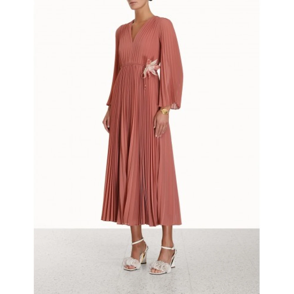 Zimmermann Terracotta Midi Jurk met Zonnestralen Plooien en Uitlopende Mouwen Brown Dames