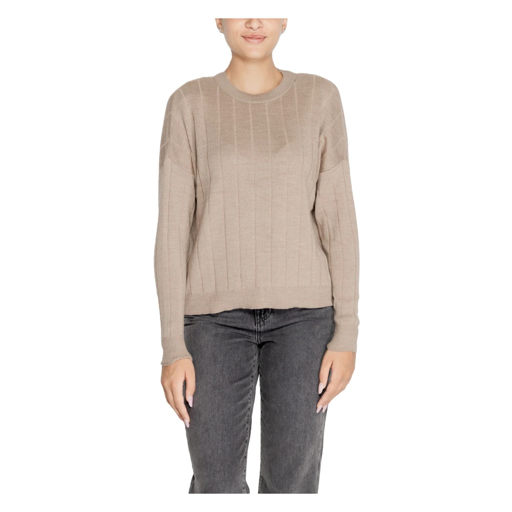 Only Beige Gebreide Trui Ronde Hals Herfst Winter Beige Dames