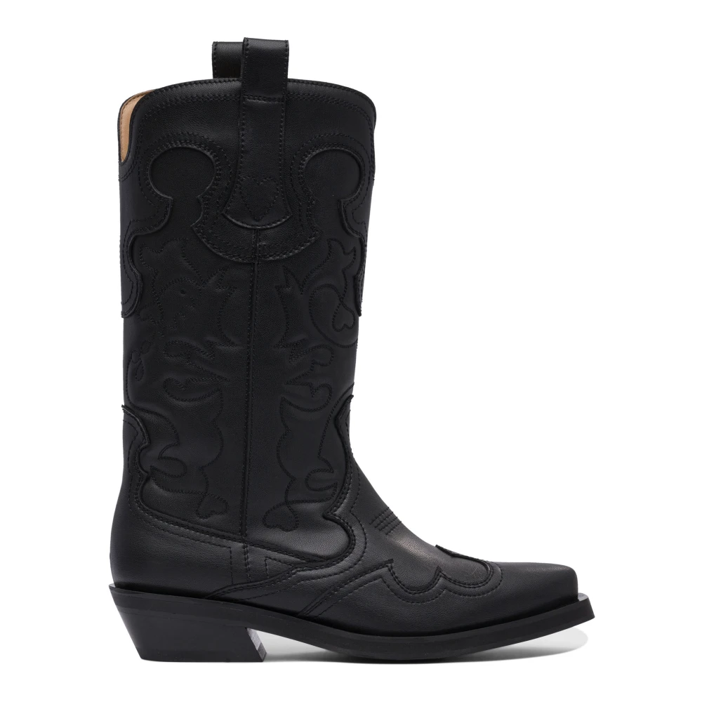 Ganni Women's Black Cowboy & Biker Boots, 3 Uk, Ankle Boots With Embroidered Details