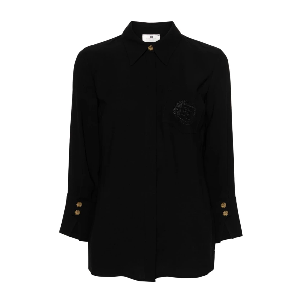 Elisabetta Franchi Zwarte viscose shirt met logo borduurwerk Black Dames