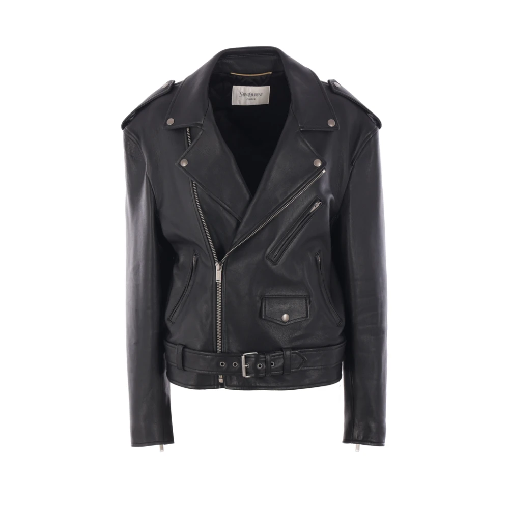Saint Laurent Zwarte Gewatteerde Biker Leren Jas Black Dames