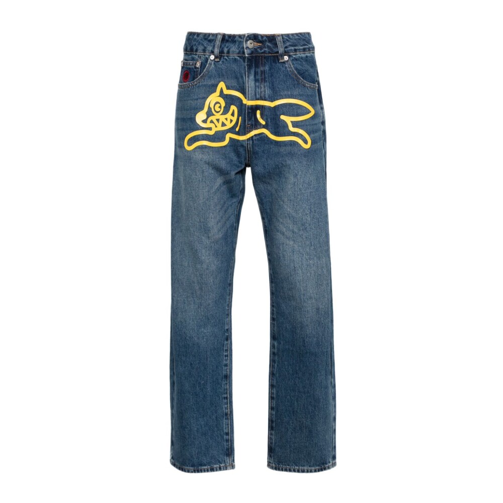 Blue Washed Denim Jeans with Logo Print | ICECREAM | Straight Fit