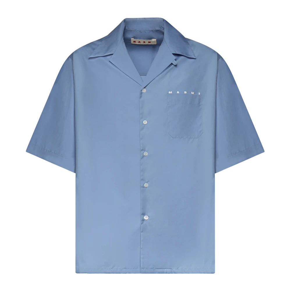 Marni Men's Blue Short Sleeve Shirts, L, Logo Poplin Camp Shirt