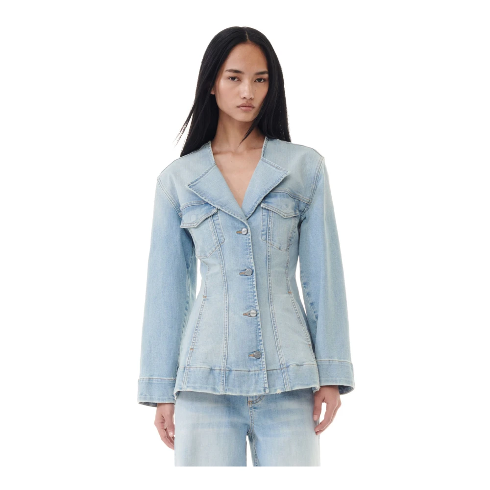 Ganni Blauwe Katoenen Blazer met V-Hals Blue Dames