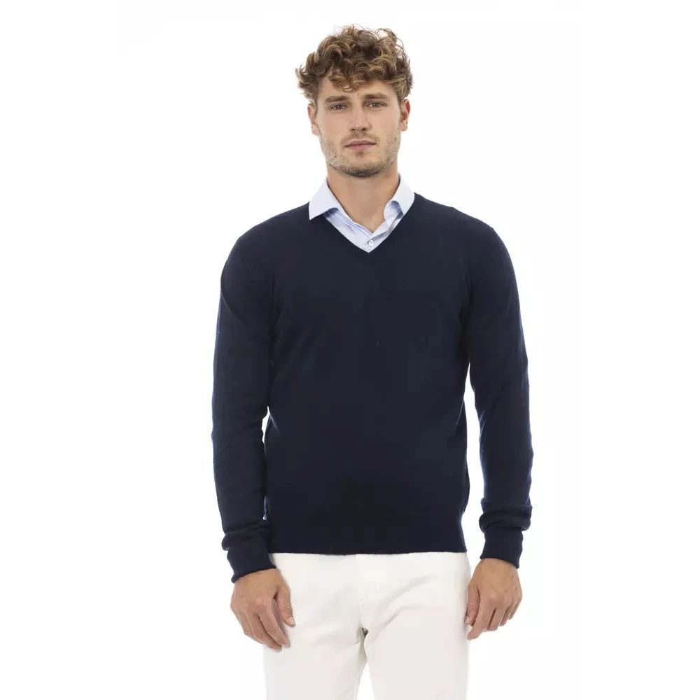 Alpha Studio Blauwe V-Hals Wollen Trui Blue Heren