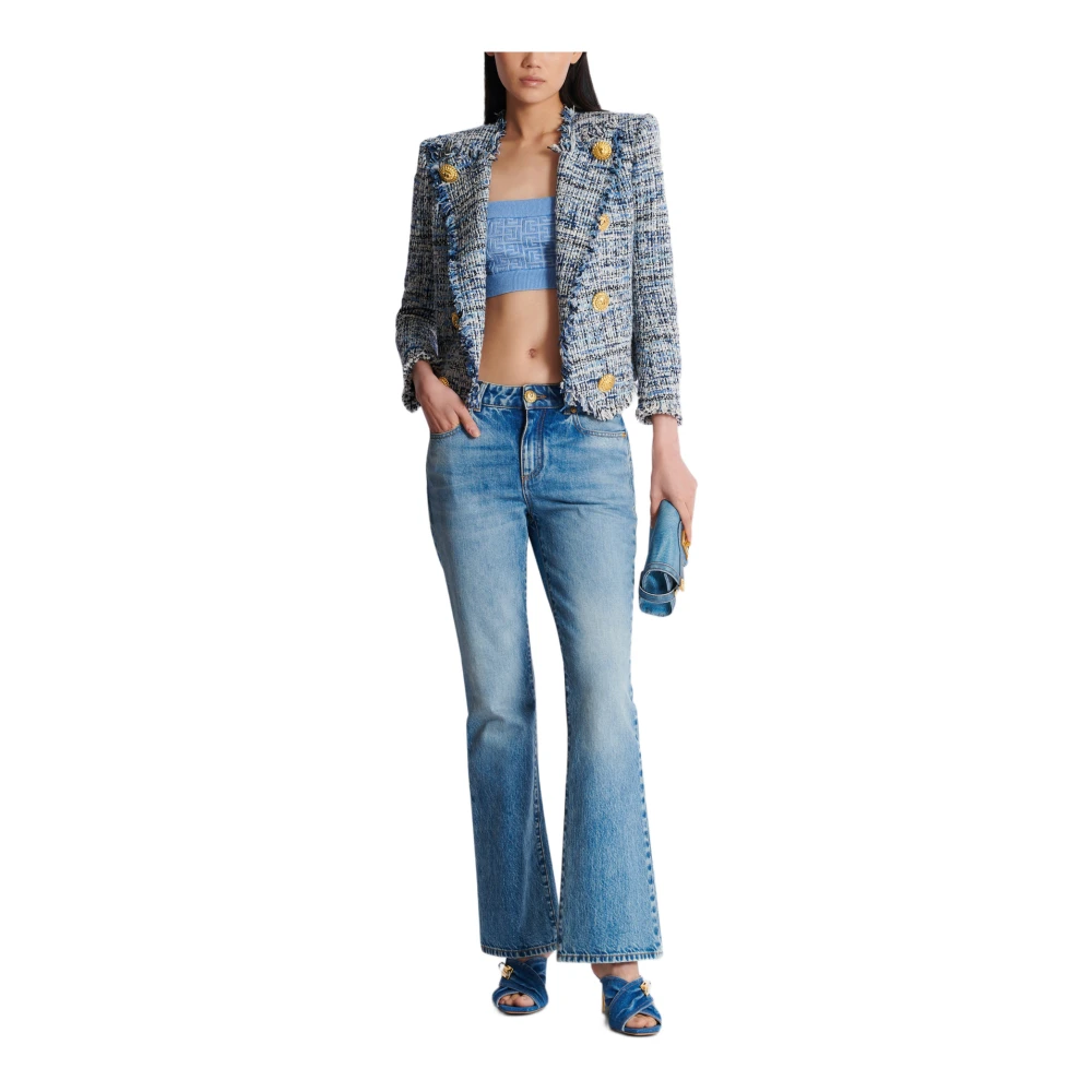 Balmain Gebreide halternek top met PB Labyrinth monogram Blue Dames