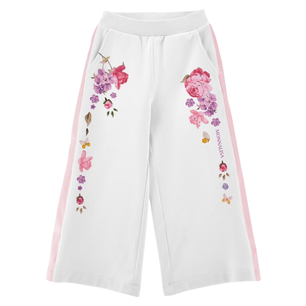 Monnalisa Girls White Floral Wide Leg Joggers - Sweatpants - 5 Y - Kids