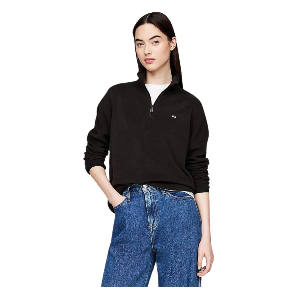 Tommy Hilfiger Zwarte Fleece Half-Zip Sweater Black Dames