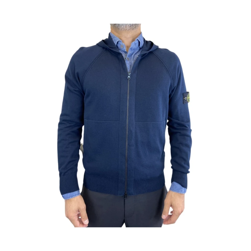 Stone Island Marinblå Huva Stickad Jacka Blue, Herr